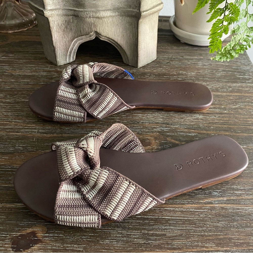 Rothy's "The Knot" Bow Twist Sandals Slip On Shoes Slides Womens 6.5 Brown Taupe